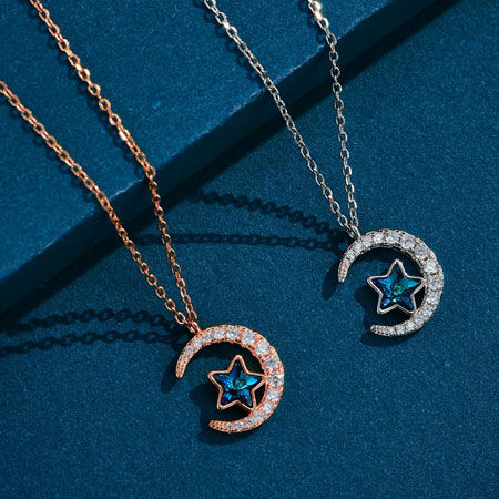 Diamond Moon and Stars Paperclip Chain Necklace