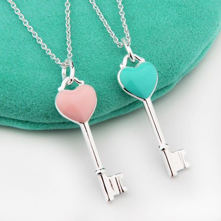 Pink Blue Enamel Sterling Silver Heart Key Pendant Necklace - JewelryEva