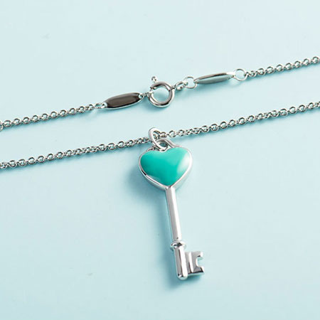 Tiffany & Co Turquoise Blue Enamel Heart Key Necklace Pendant