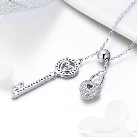Pink Blue Enamel Sterling Silver Heart Key Pendant Necklace - JewelryEva