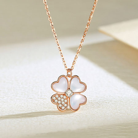 Happy Jewellery Heart Four Leaf Clover Pendant Neck 925 Sterling Silver Natural Mother Pearl Cubic Zirconia Gold-plated Plated Crystal, Alloy, Stainle