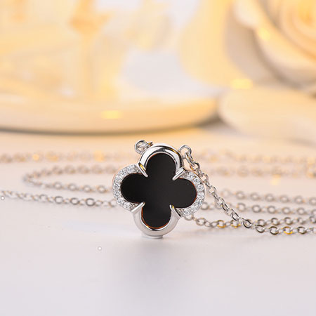 Double Sided Black and White Quatrefoil Lucky Four Clover Pendant