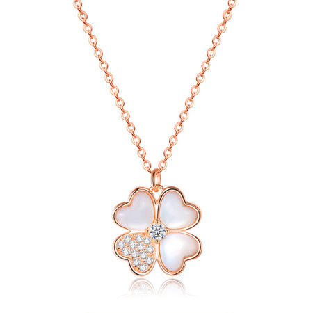 Happy Jewellery Heart Four Leaf Clover Pendant Neck 925 Sterling Silver Natural Mother Pearl Cubic Zirconia Gold-plated Plated Crystal, Alloy, Stainle